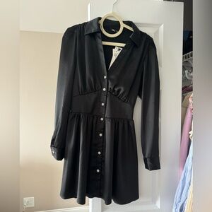 NWT Zara Satin long sleeve black dress with crystal buttons size xs